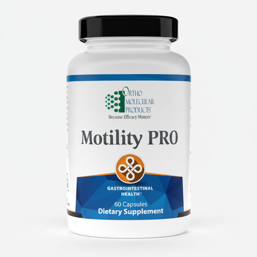Supplement bottle labeled 'Motility PRO' by Ortho Molecular Products on a white background