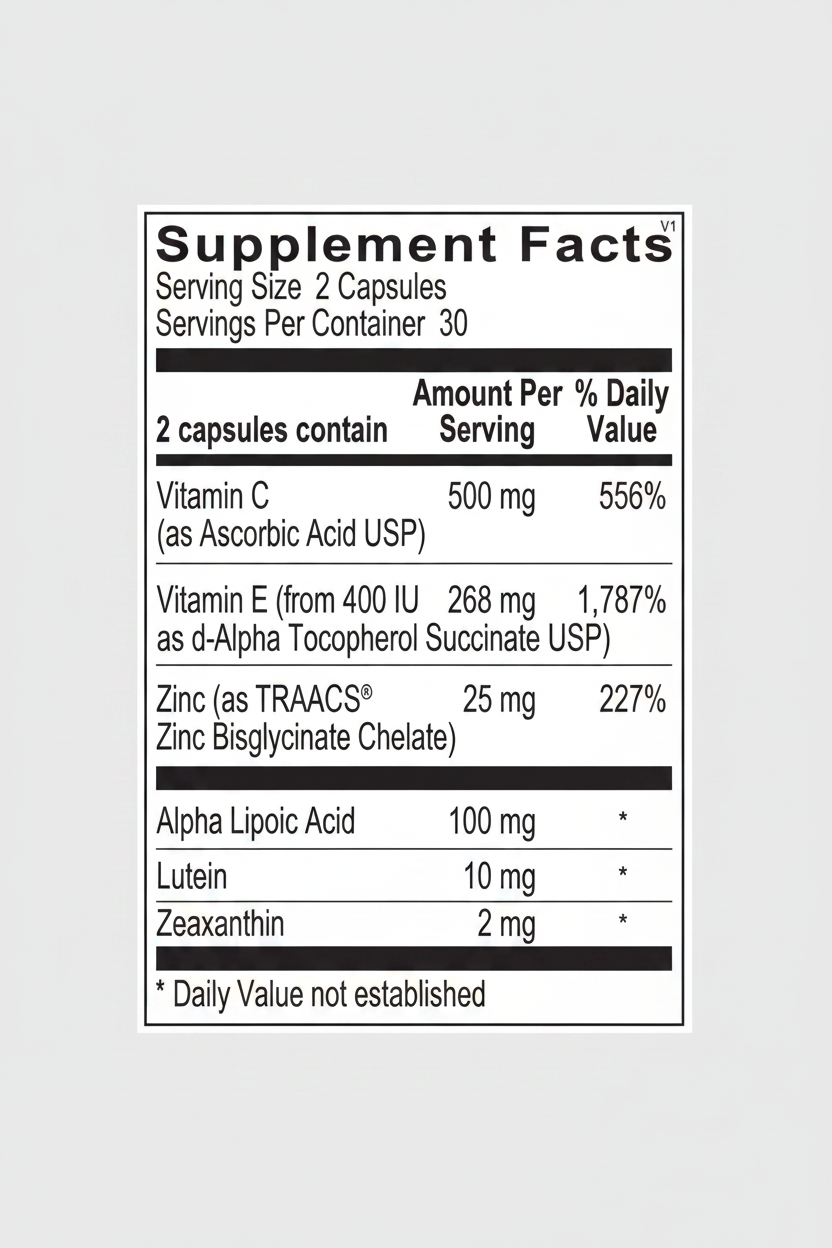 Supplement facts label with vitamins and minerals listed