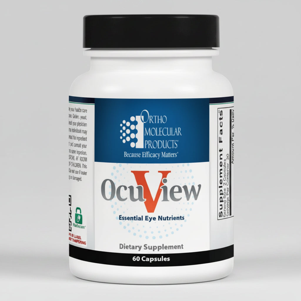 OcuView dietary supplement bottle with Ortho Molecular Products label on a white background