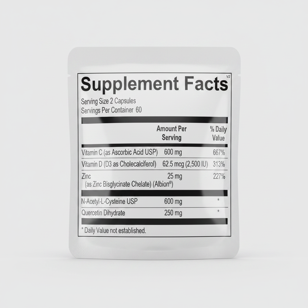 Supplement facts label with various vitamins and minerals listed