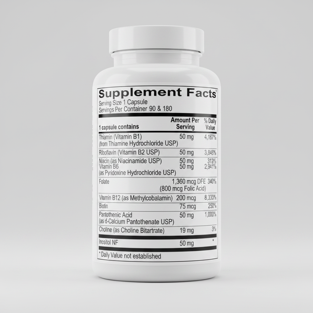 Supplement facts label with detailed nutritional information on a black background