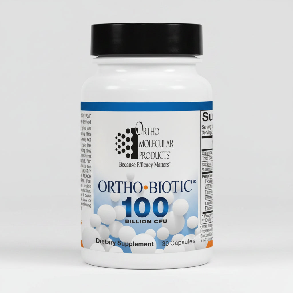 Ortho Biotic dietary supplement bottle on a white background