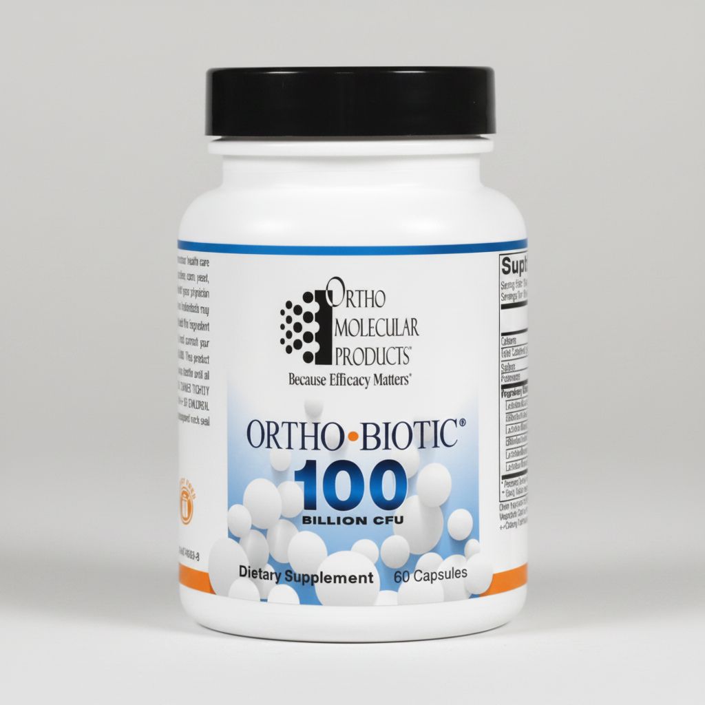 Ortho Molecular Products Ortho-Biotic supplement bottle on a white background