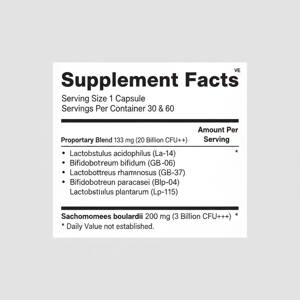 Supplement facts label with bacterial content details on a white background
