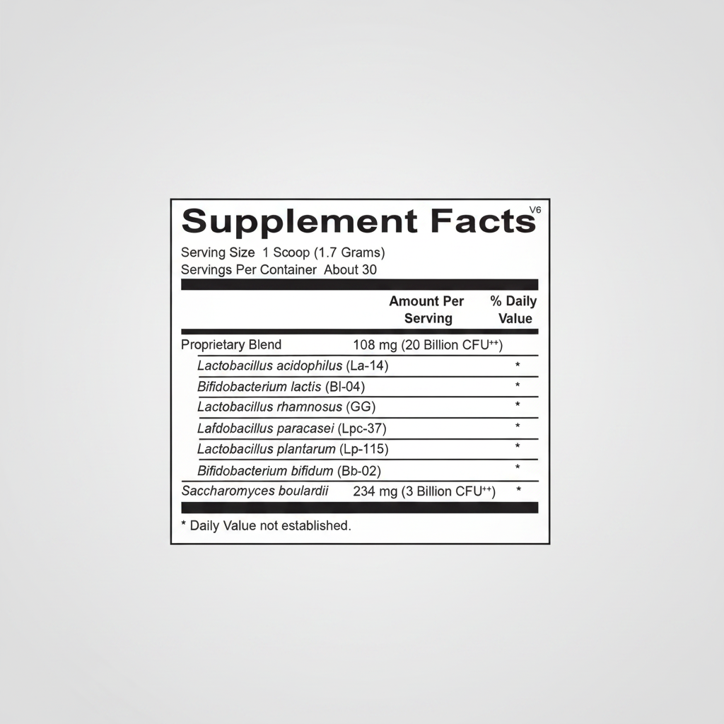 Supplement facts label with bacterial content details on a white background