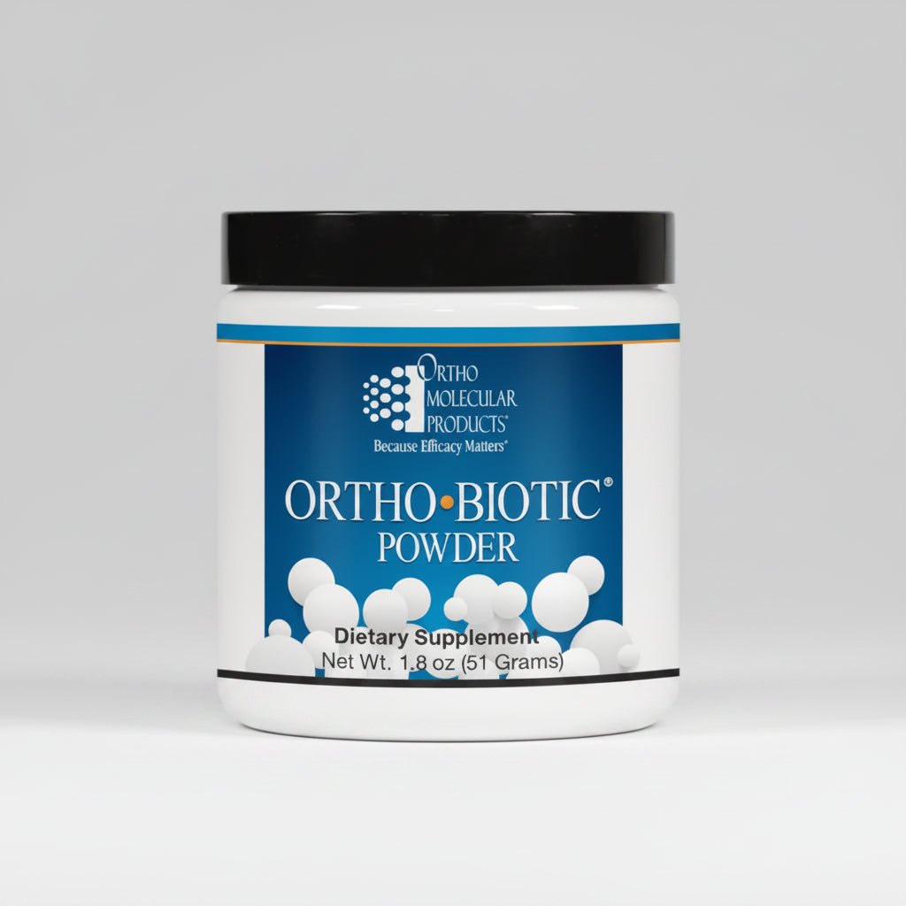 Ortho Biotic Powder container with blue label on a white background