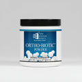 Ortho Biotic Powder container with blue label on a white background
