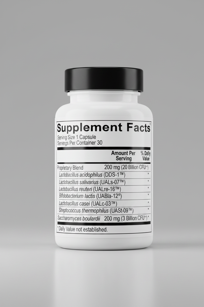 Supplement facts label with detailed ingredient list on a white background