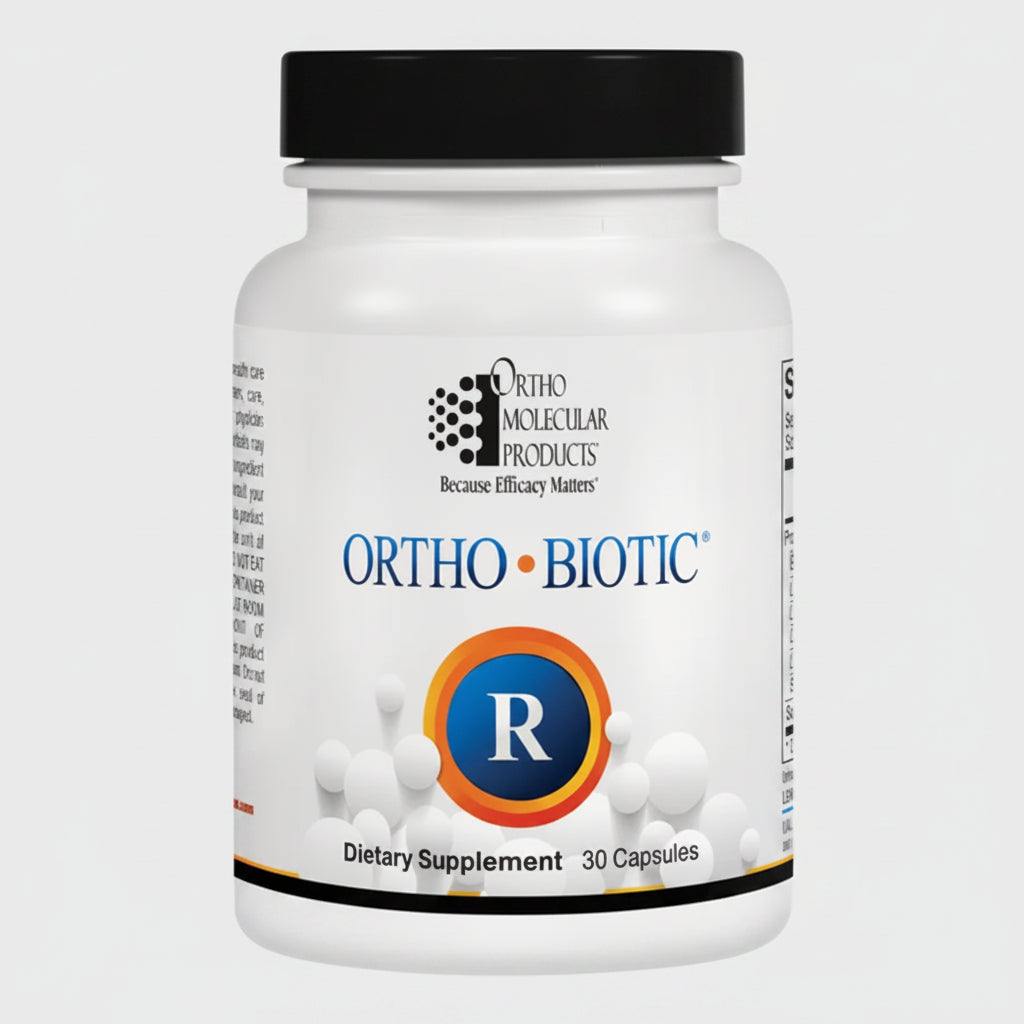 Ortho Biotic dietary supplement bottle with Ortho Molecular Products branding on a white background