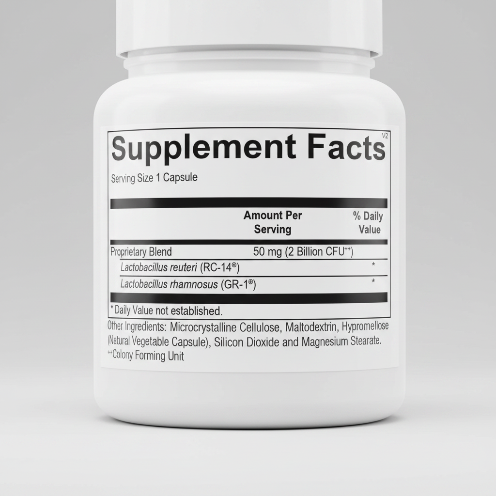 Supplement facts label for a capsule with Lactobacillus reuteri and Lactobacillus rhamnosus.