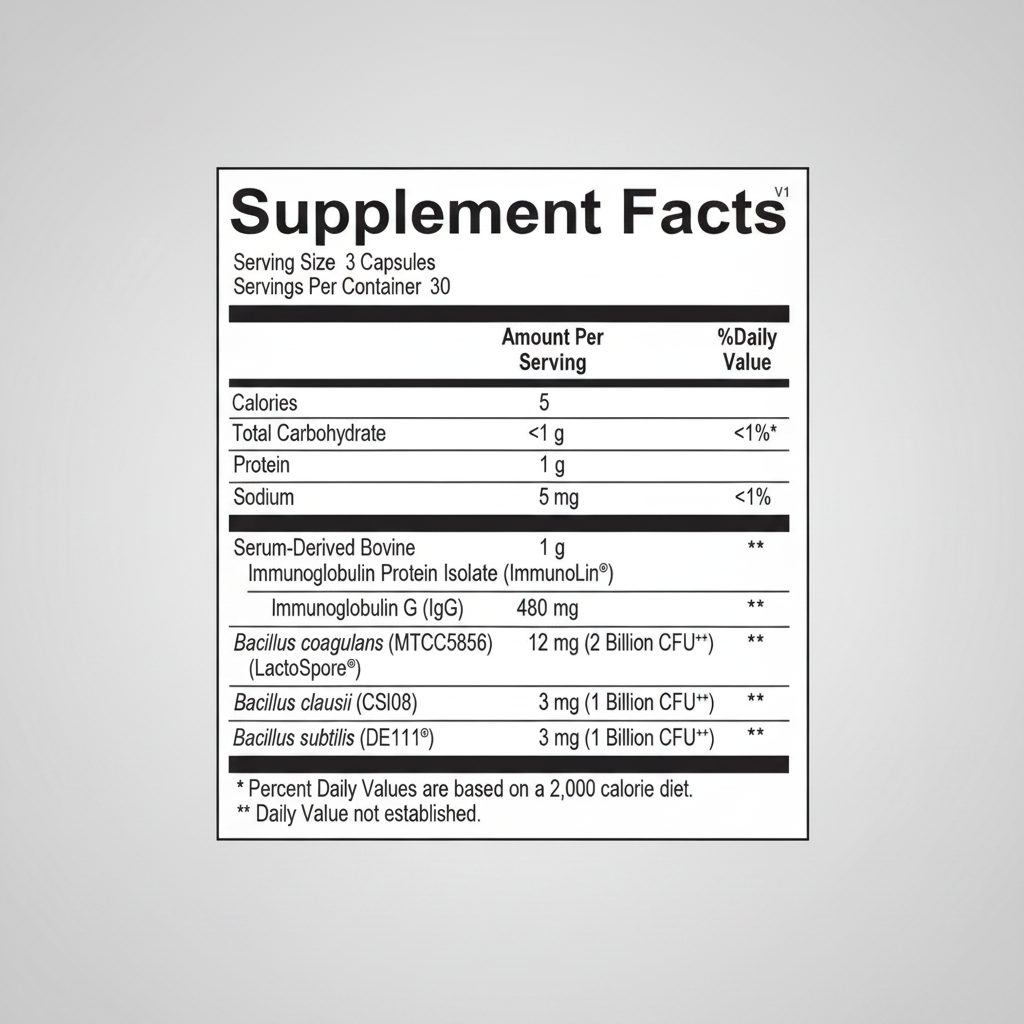 Supplement facts label with detailed nutritional information on a white background