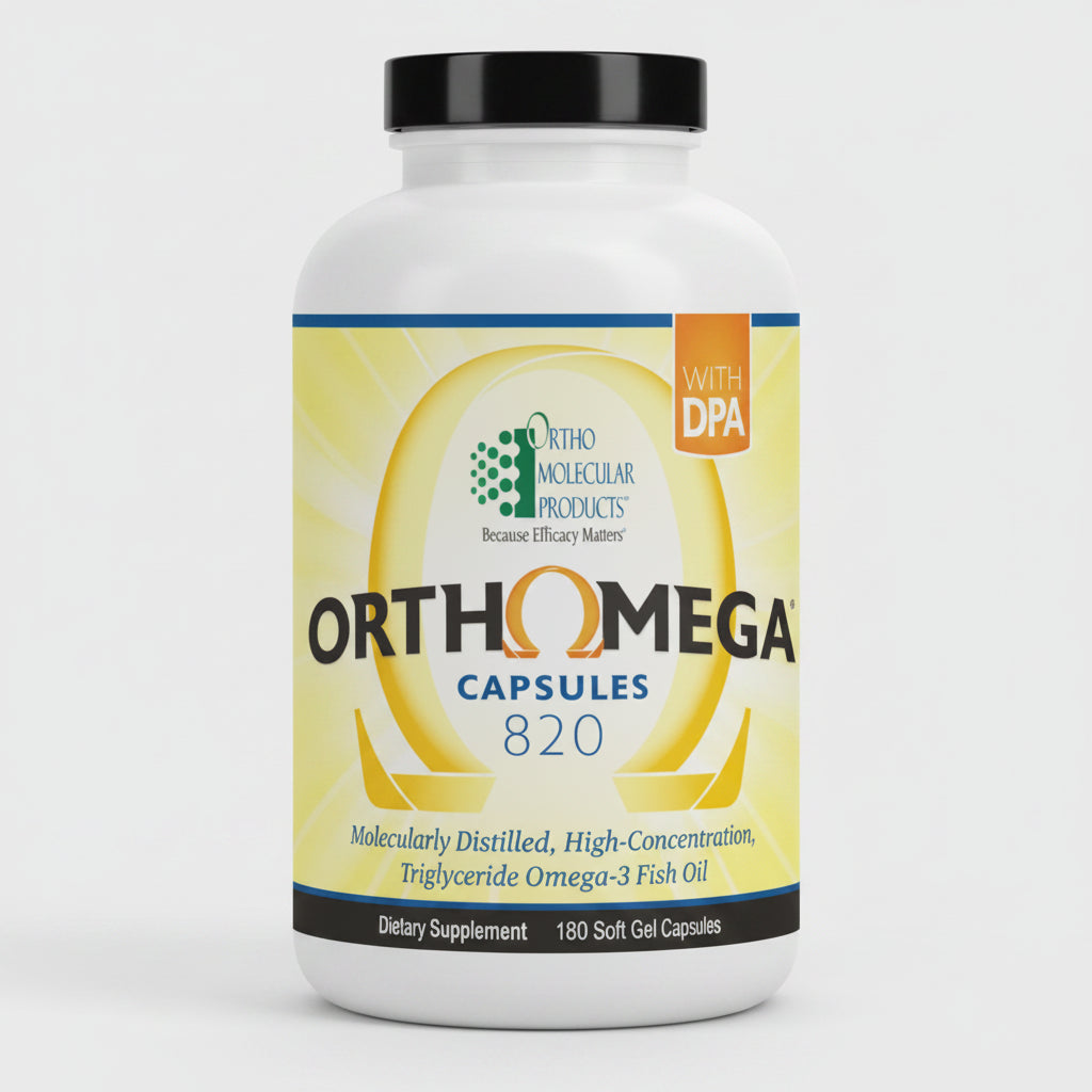 Ortho Omega capsules 820 dietary supplement bottle on a white background