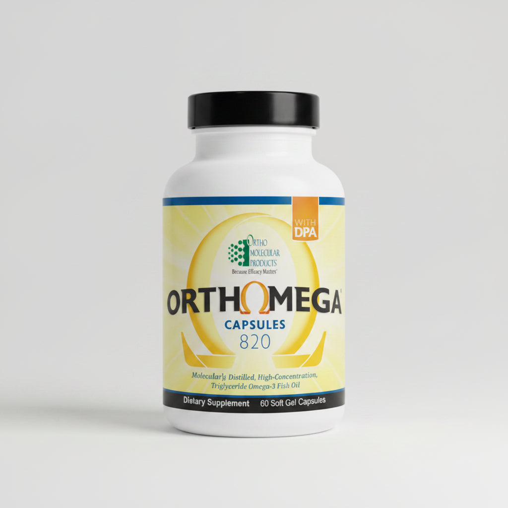 Orthomega capsules 820 dietary supplement bottle on a white background