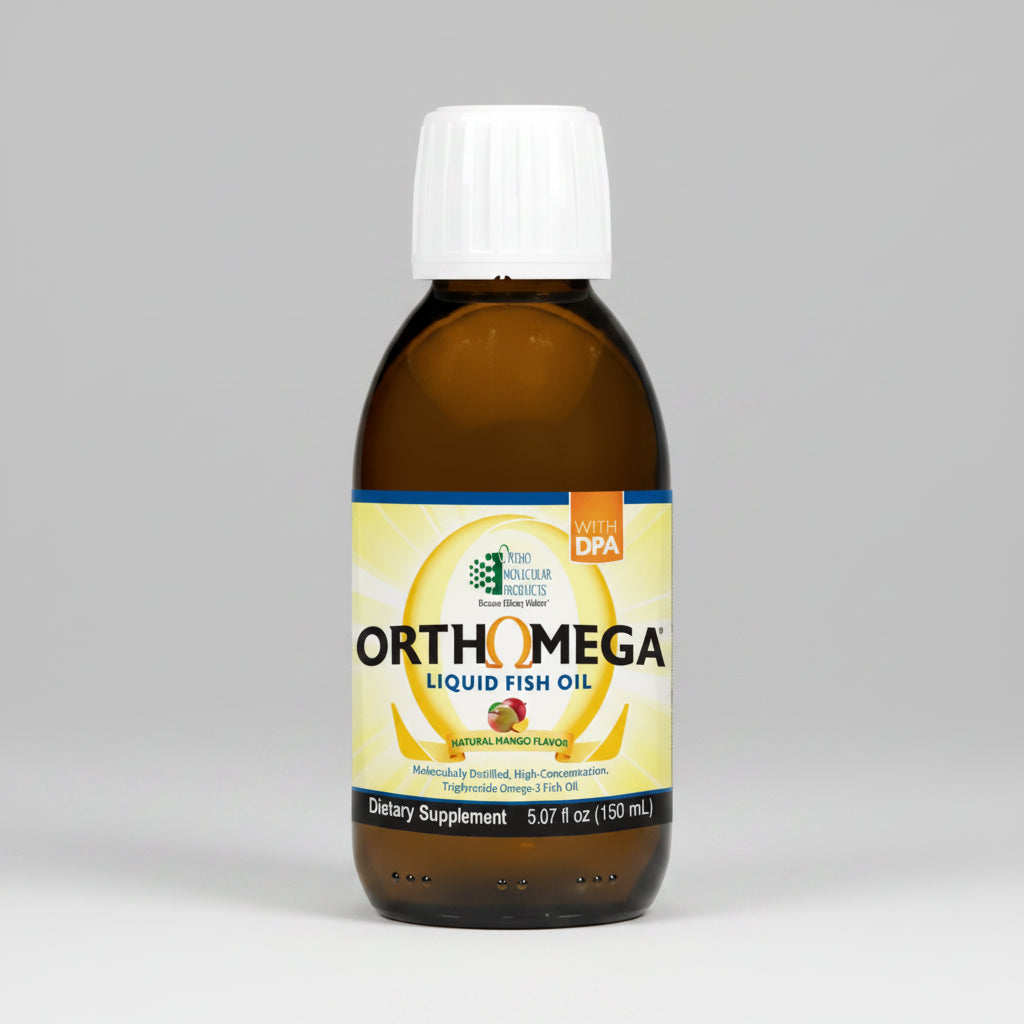 Bottle of Orthomega liquid fish oil supplement on a white background
