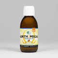 Bottle of Orthomega liquid fish oil supplement on a white background
