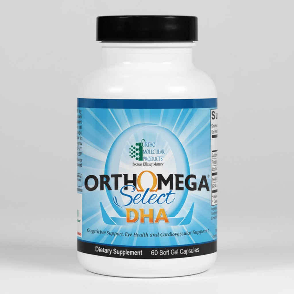 Orthomega Select DHA dietary supplement bottle on a white background