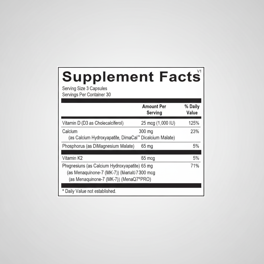 Supplement facts label with detailed nutritional information on a black background
