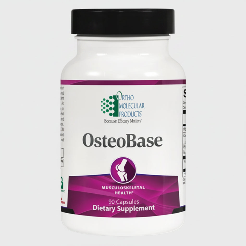 Supplement bottle labeled 'OsteoBase' by Ortho Molecular Products on a white background