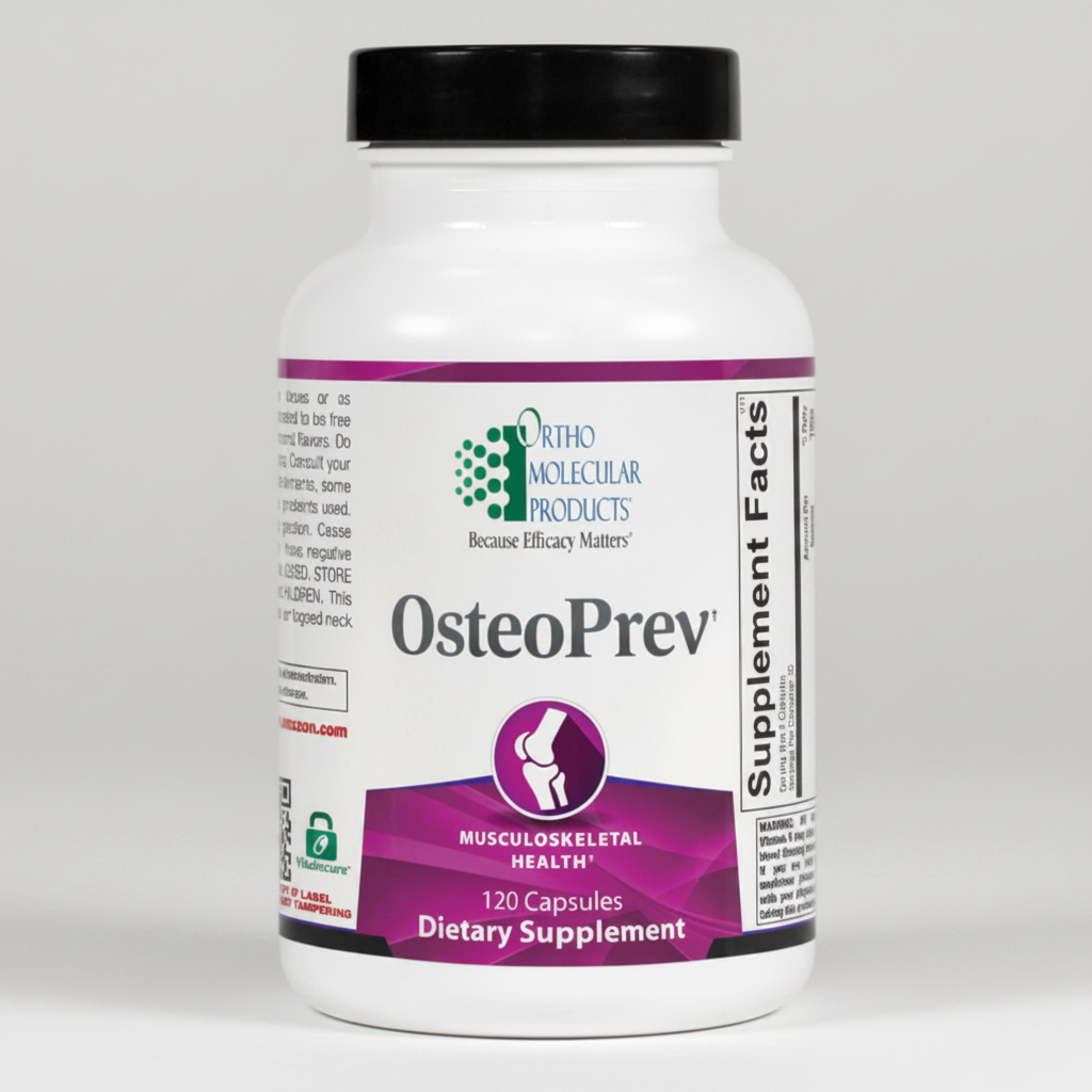 Supplement bottle labeled 'OsteoPrev' by Ortho Molecular Products on a white background