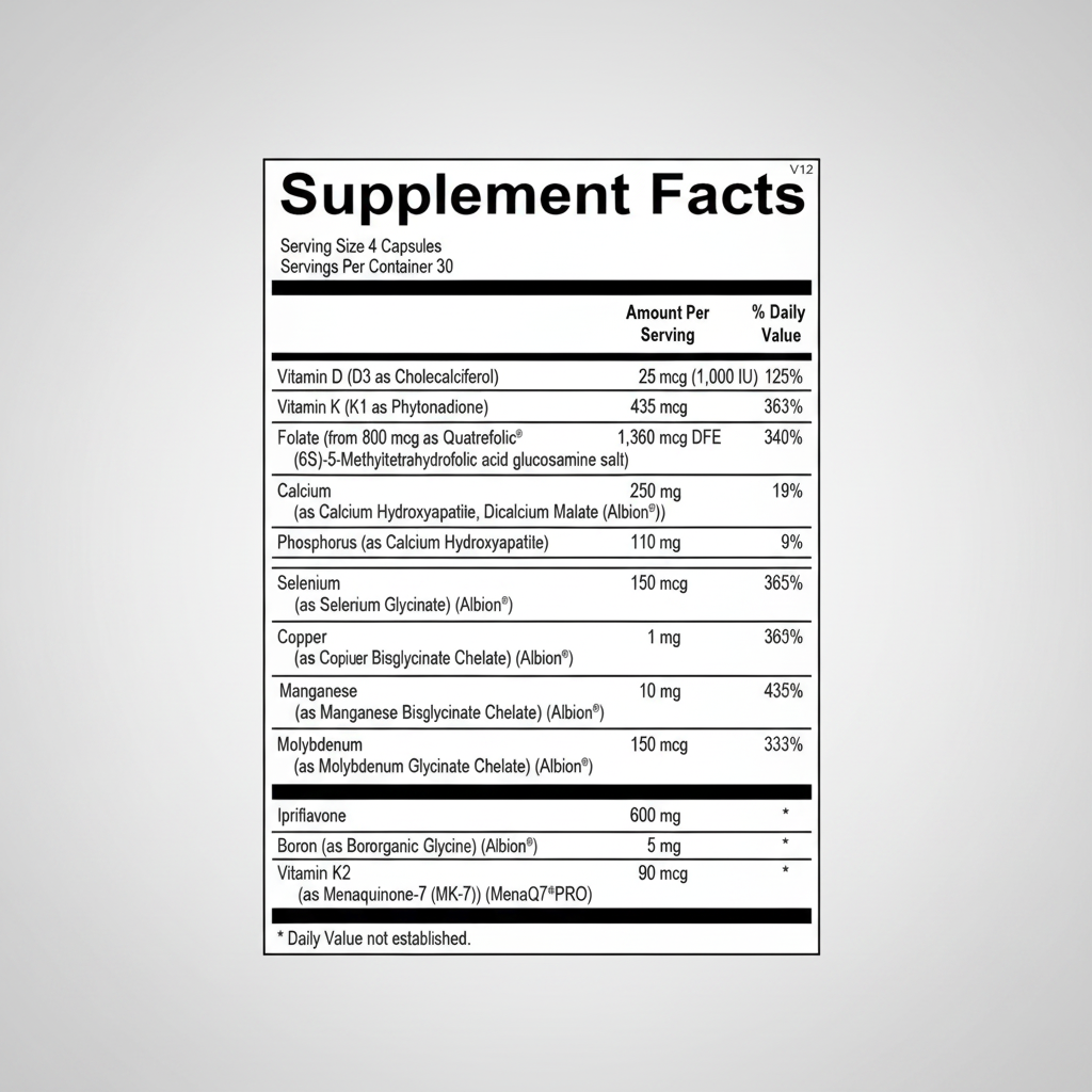 Supplement facts label with detailed nutritional information on a white background
