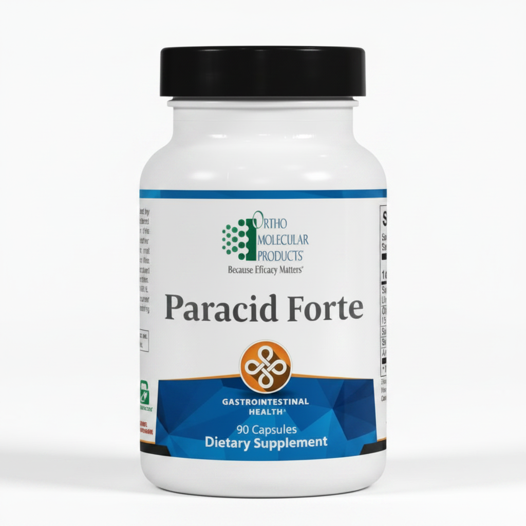 Supplement bottle labeled 'Paracid Forte' by Ortho Molecular Products on a white background