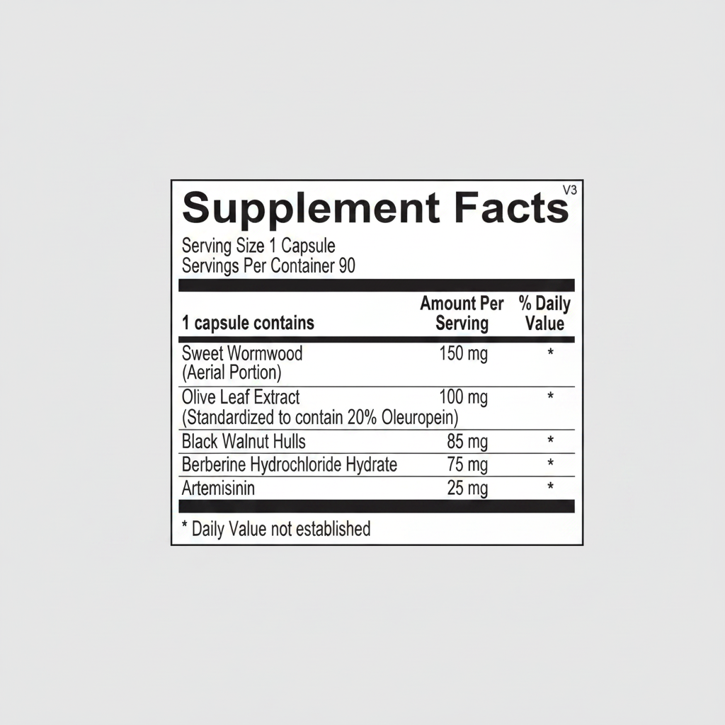 Supplement facts label with various herbal ingredients and their amounts per serving.