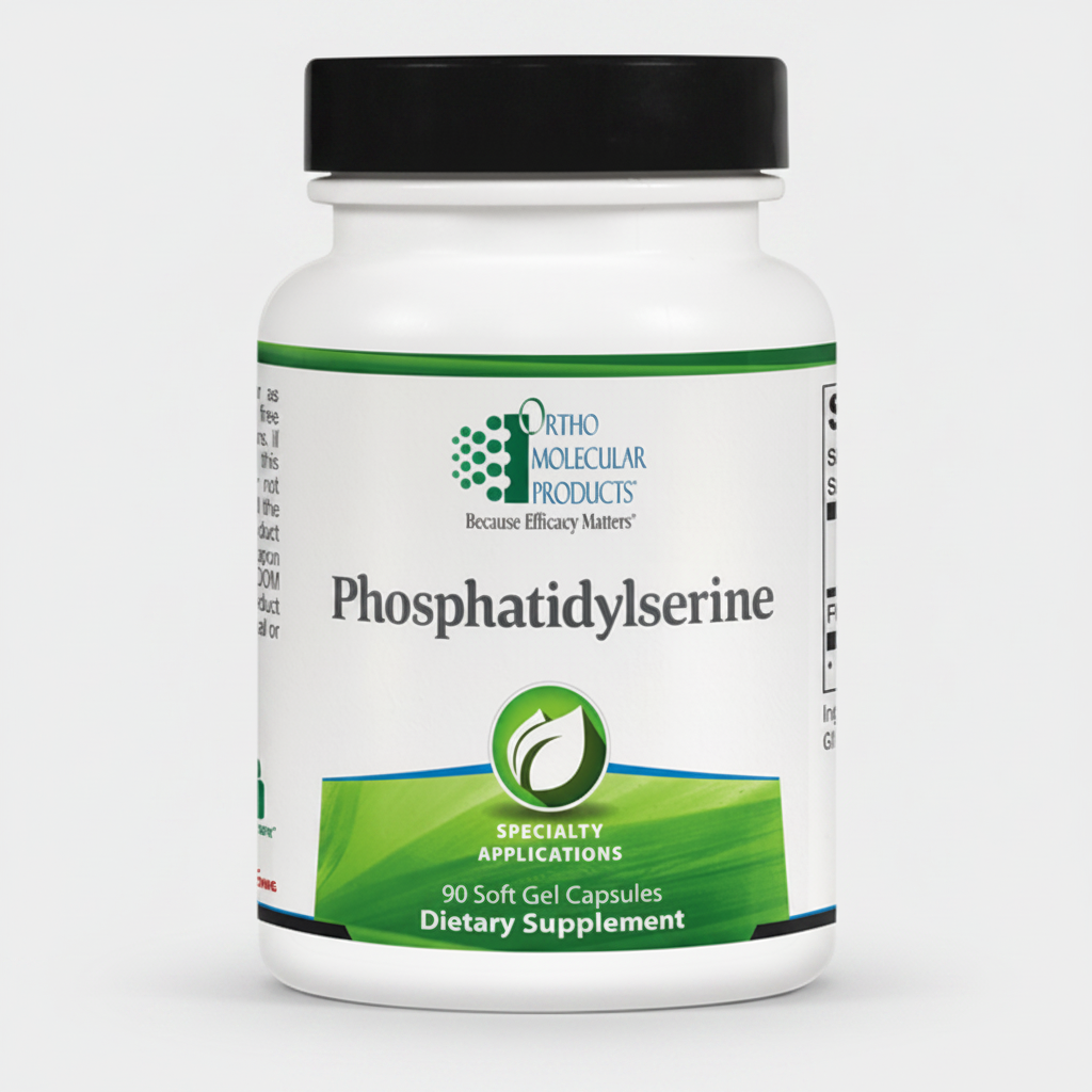 Supplement bottle labeled 'Phosphatidylserine' by Ortho Molecular Products on a white background