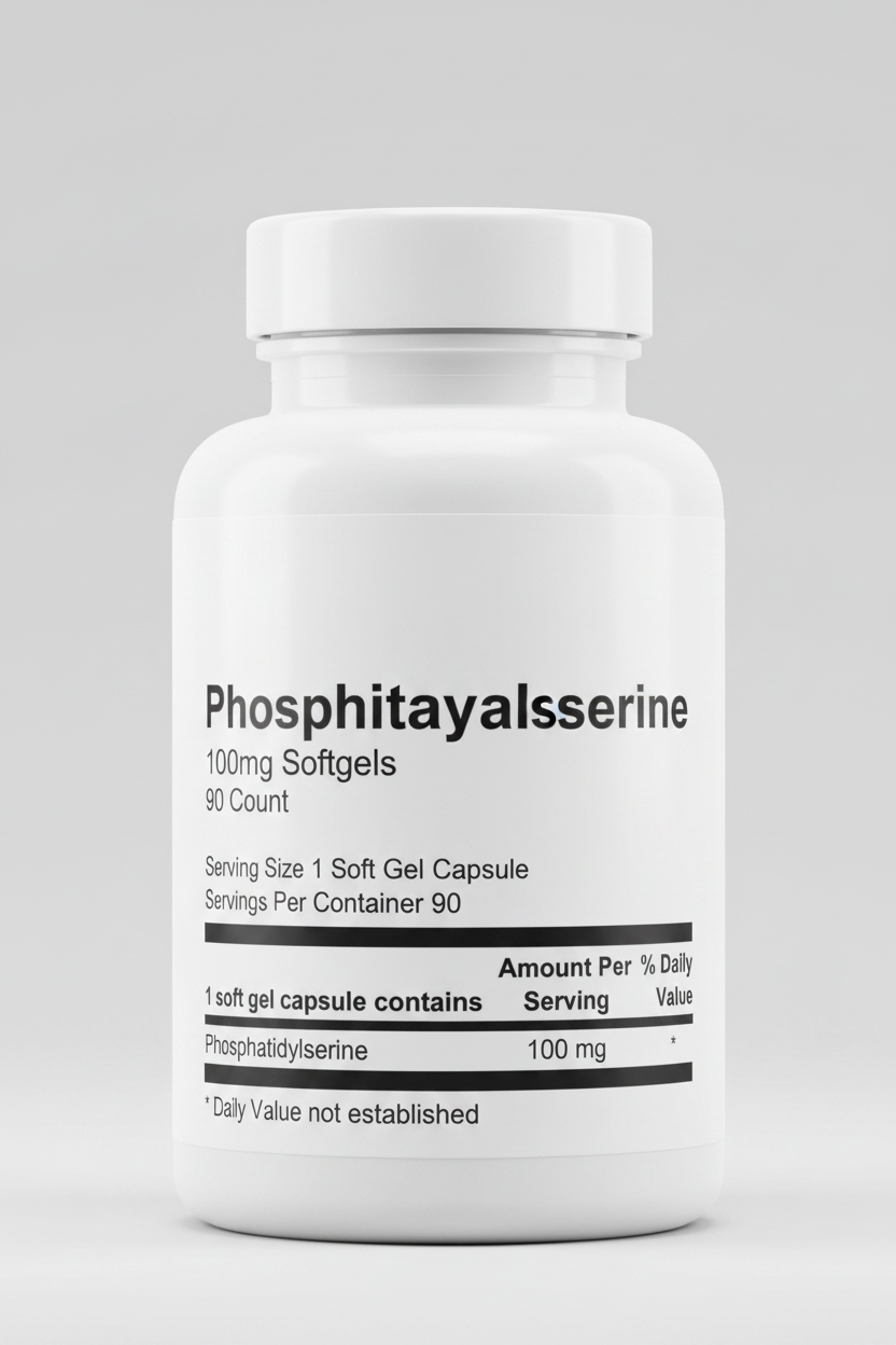 Supplement facts label for a soft gel capsule containing 100 mg of Phosphatidylserine per serving.