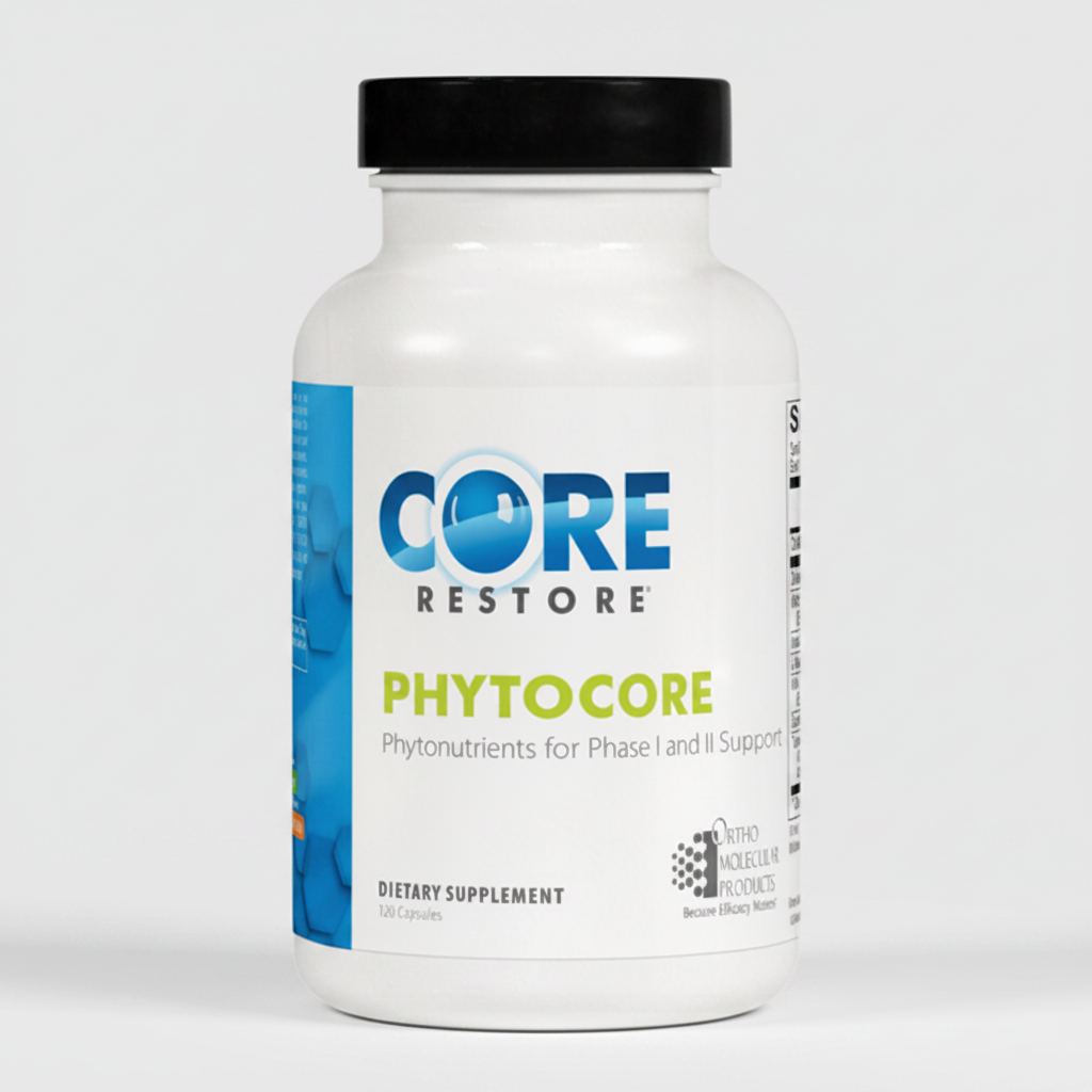 Supplement bottle labeled 'Core Restore Phytocore' on a white background