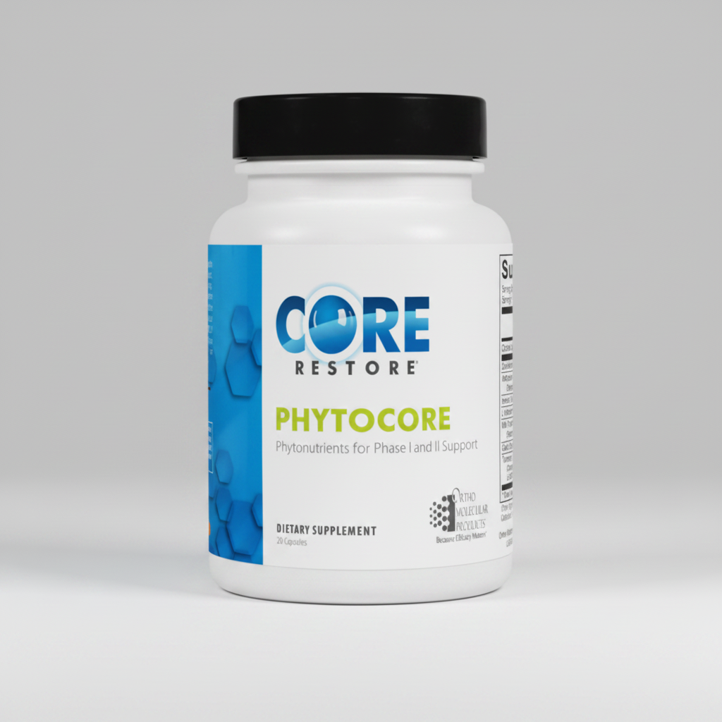 Supplement bottle labeled 'CORE RESTORE Phytocore' on a white background