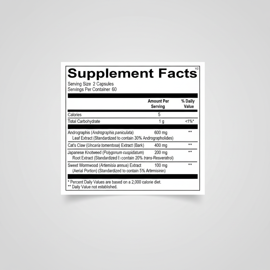Supplement facts label with detailed nutritional information on a white background