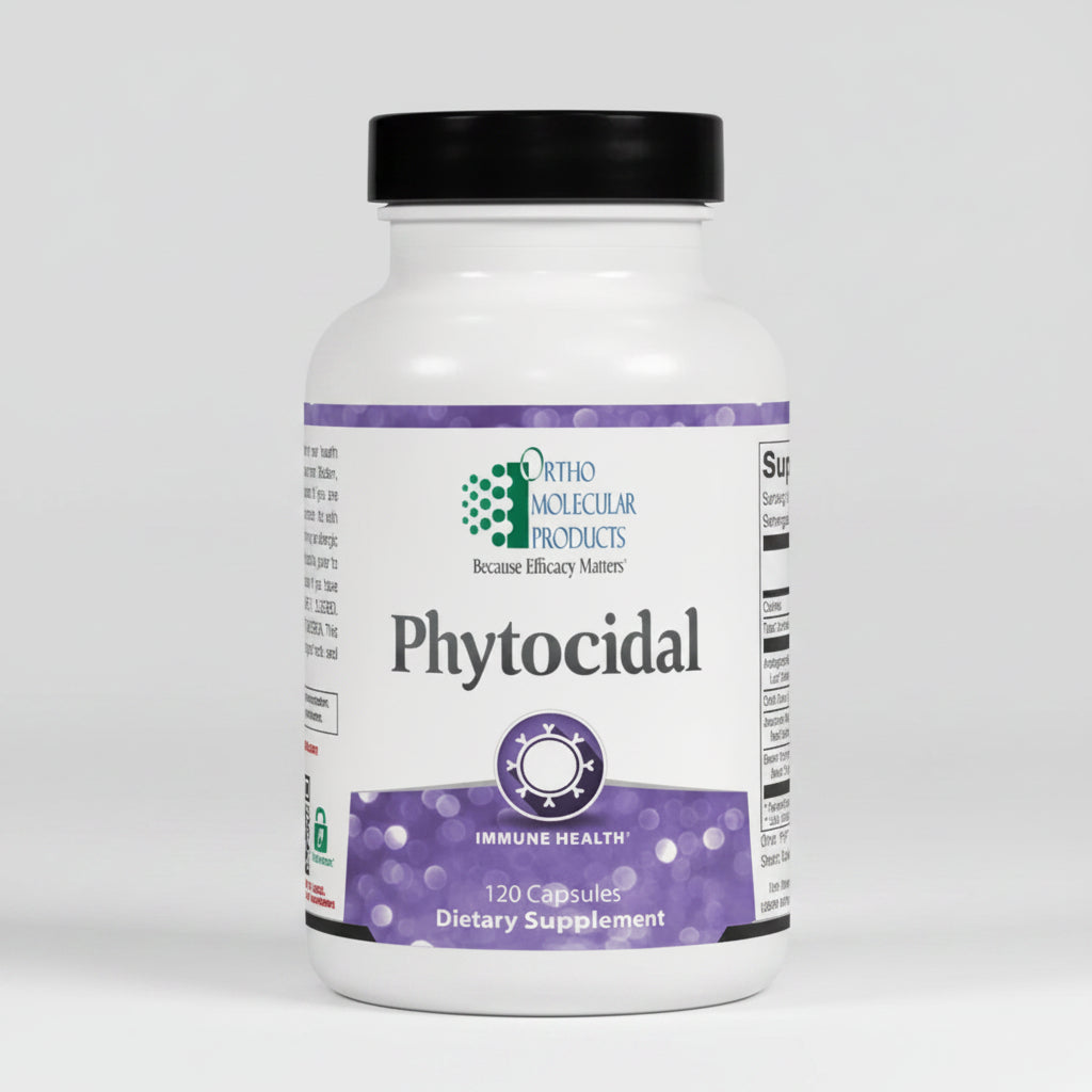 Supplement bottle labeled 'Phytocidal' by Ortho Molecular Products on a white background