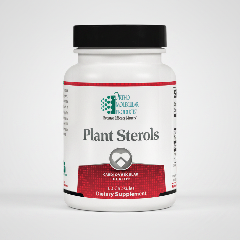 Supplement bottle labeled 'Plant Sterols' by Ortho Molecular Products on a white background