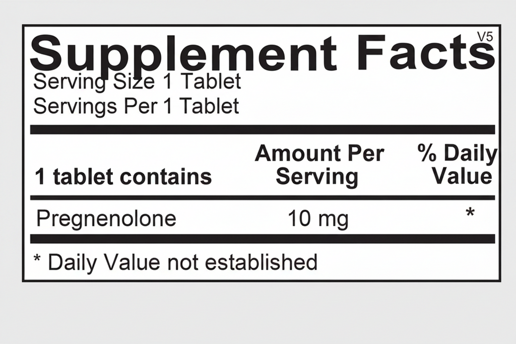 Supplement facts label for a pregnenolone tablet with serving size, servings per container, and supplement details.