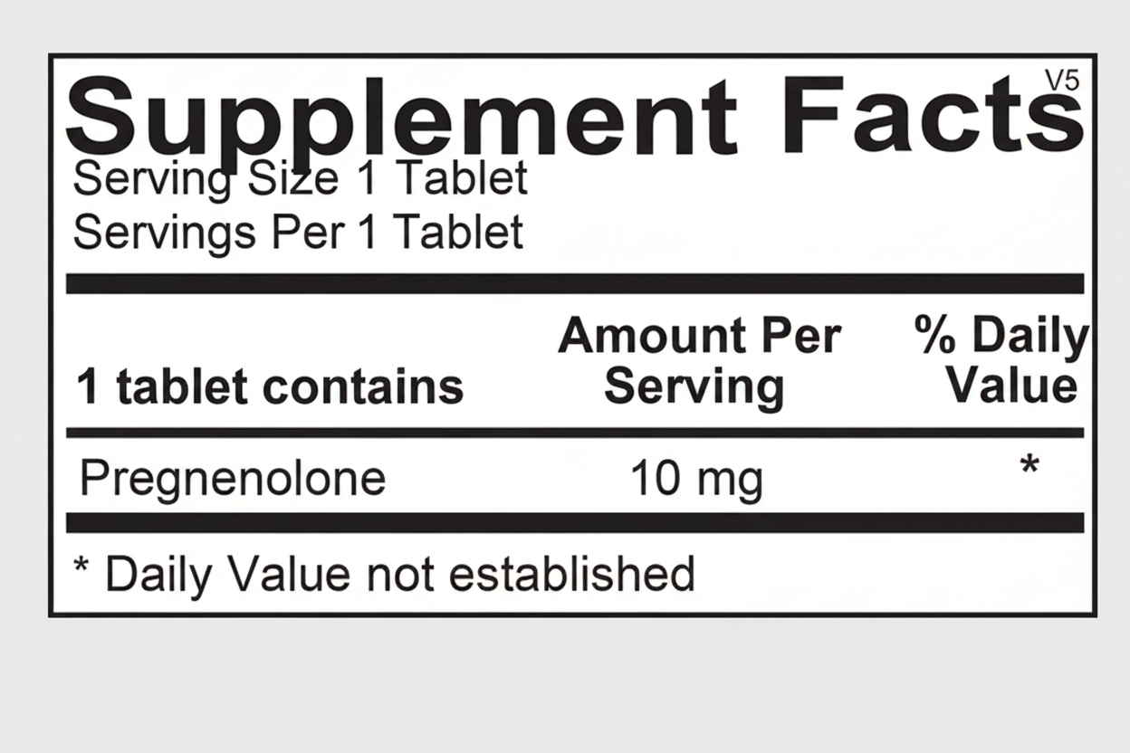 Supplement facts label for a pregnenolone tablet with serving size, servings per container, and supplement details.