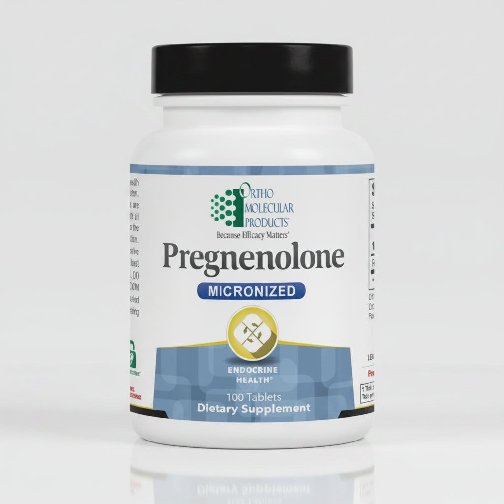 Supplement bottle labeled 'Pregnenolone' by Ortho Molecular Products on a white background