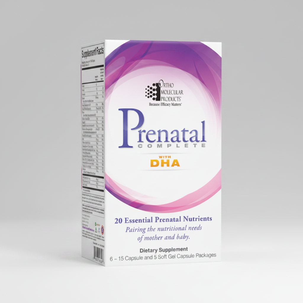 Box of Ortho Molecular Products Prenatal Complete with DHA supplement on a white background