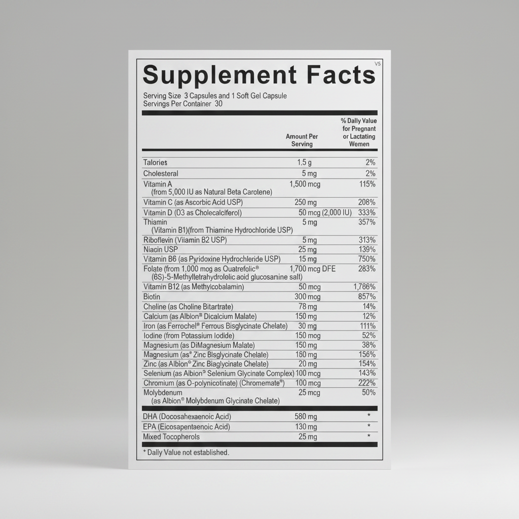 Supplement facts label with detailed nutritional information on a white background