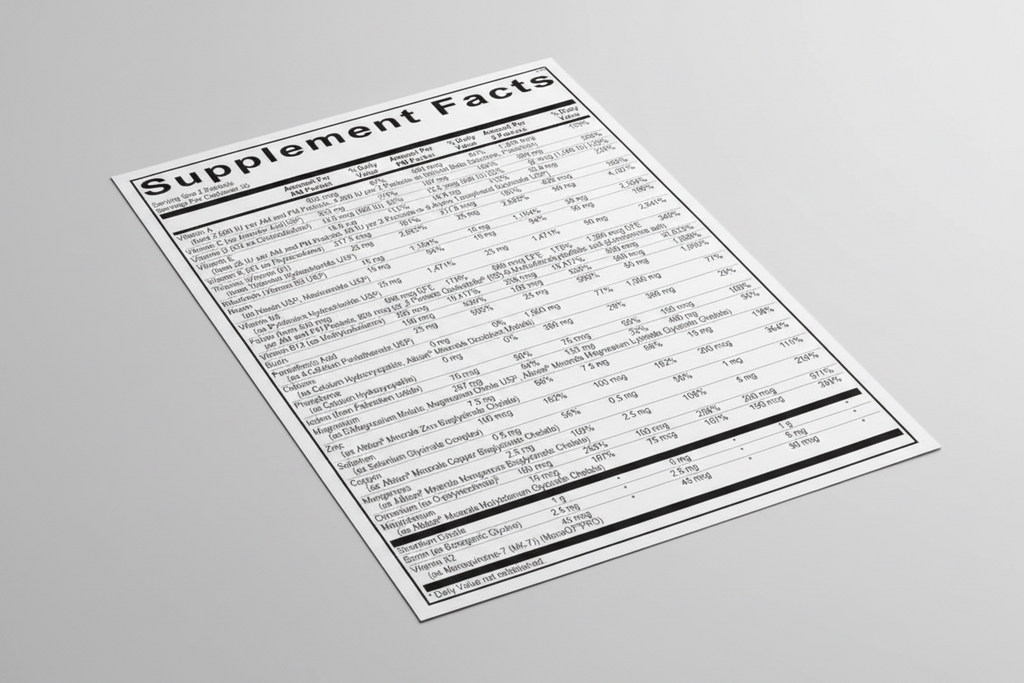 Supplement facts label with detailed nutritional information on a white background