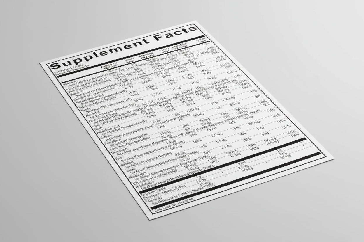 Supplement facts label with detailed nutritional information on a white background