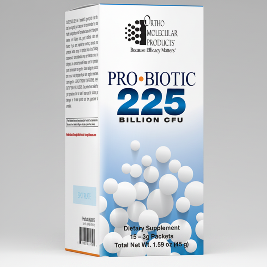 Probiotic supplement packaging with 'Ortho Molecular Products' branding on a white background