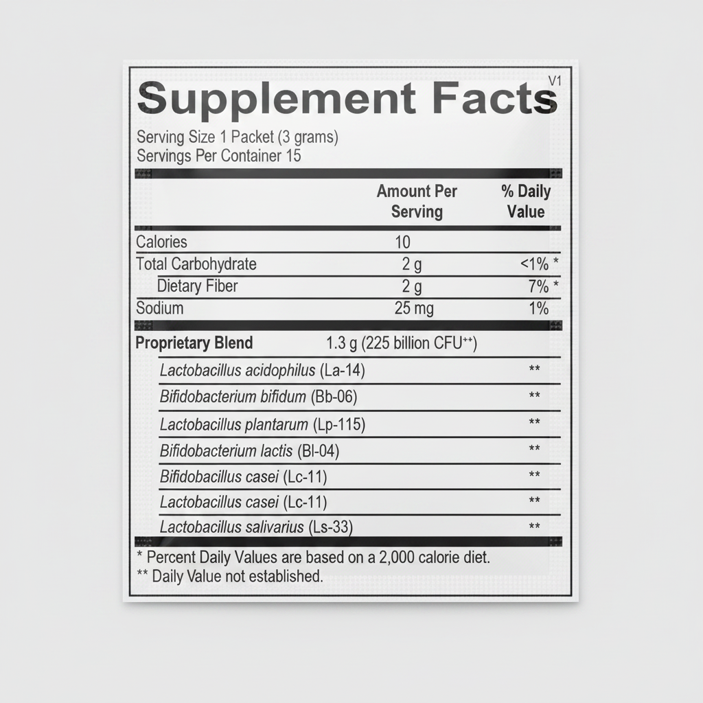 Supplement facts label for a dietary supplement with various bacteria strains listed.