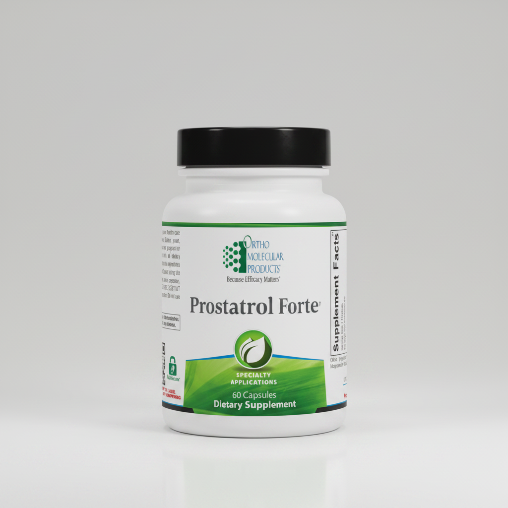 Supplement bottle labeled 'Prostatrol Forte' by Ortho Molecular Products on a white background