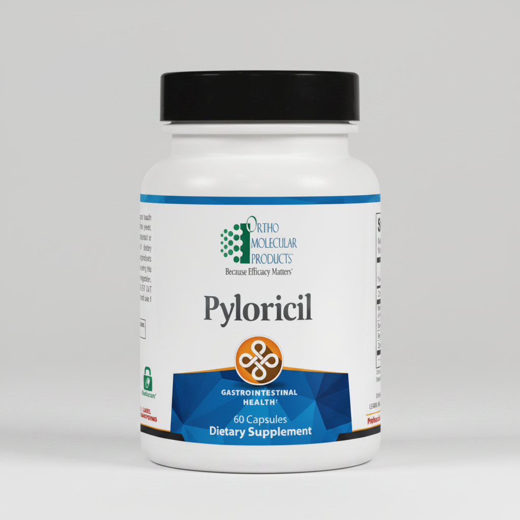 Supplement bottle labeled 'Pyloricil' by Ortho Molecular Products on a white background