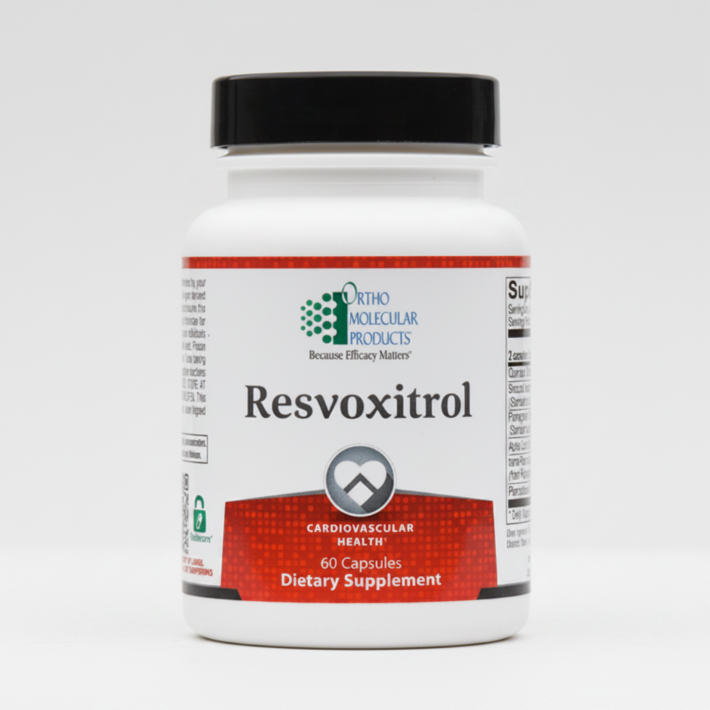 Supplement bottle labeled 'Resvoxitrol' by Ortho Molecular Products on a white background