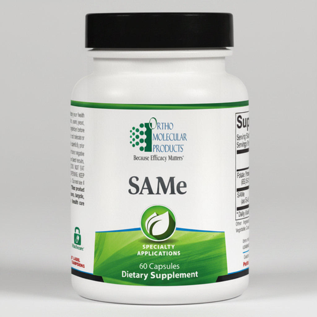 Supplement bottle labeled 'SA Me' by Ortho Molecular Products on a white background