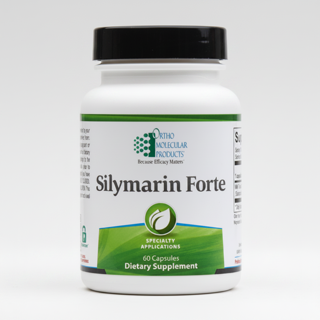 Supplement bottle labeled 'Silymarin Forte' on a white background