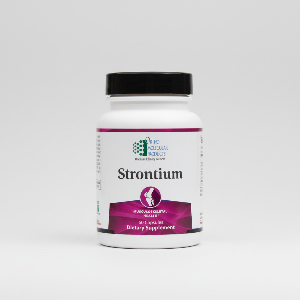 Supplement bottle labeled 'Strontium' on a white background