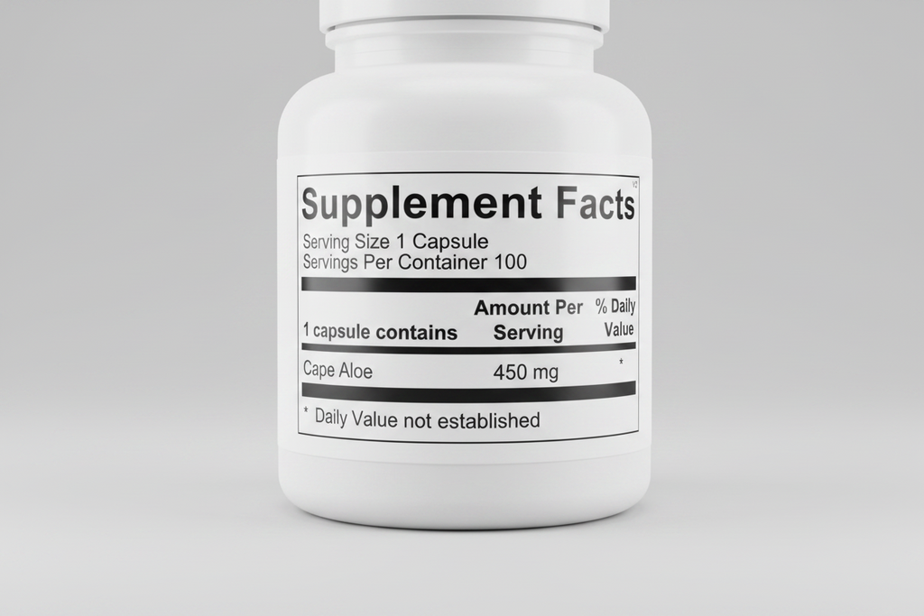 Supplement facts label for a capsule containing Cape Aloe with serving size and container details.