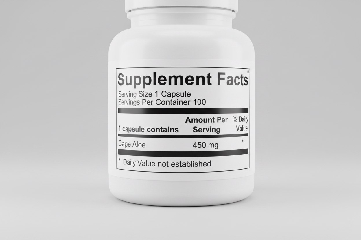 Supplement facts label for a capsule containing Cape Aloe with serving size and container details.